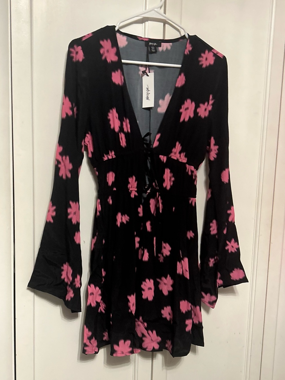 NWT Nasty Gal 90’s Black Mini Dress Lace-Up Front Bell Sleeve Pink Flowers Sz 10